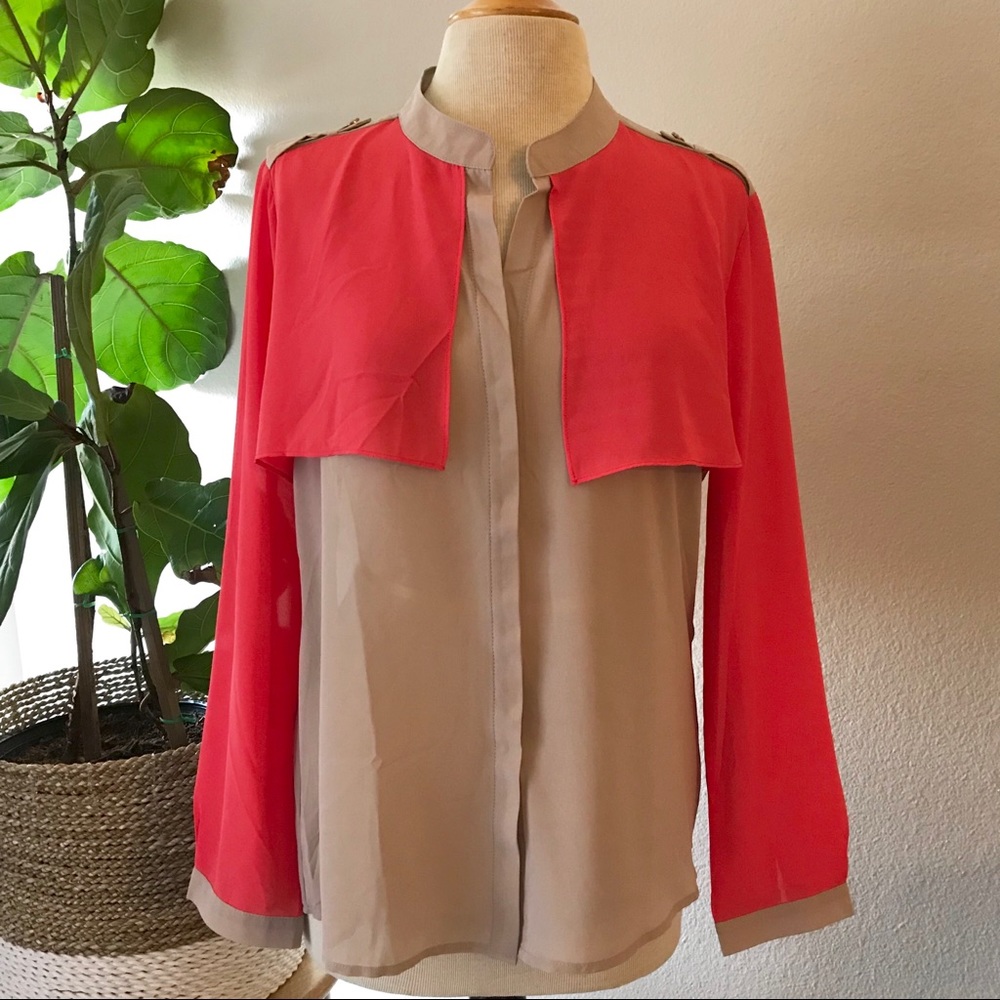 Taupe/Coral Button-Front Blouse - Size M